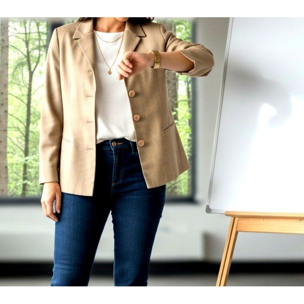 VTG Jones New York Womens Blazer 12 Beige Wool Blend Checkerboard Classic